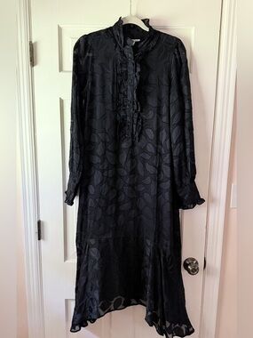 NWOT Equipment Silk Blend Black Ruffle-Front Long Sleeve Dress